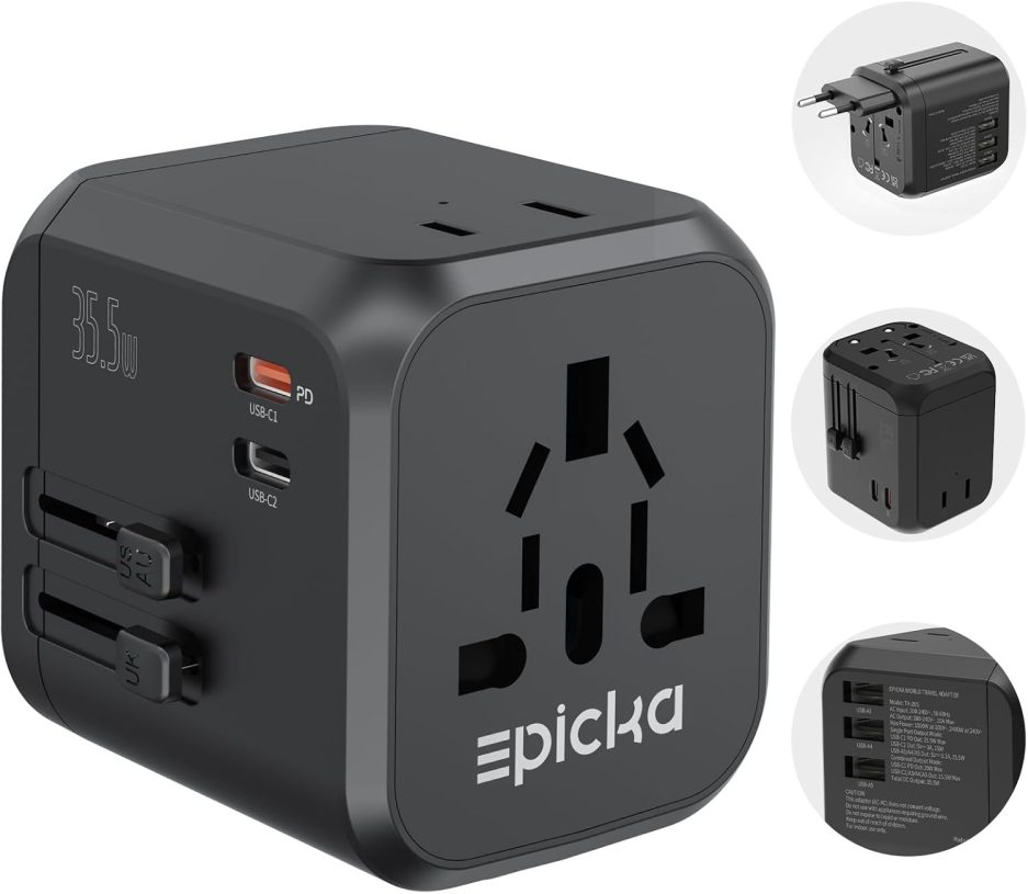EPICKA 35W Universal Travel Adapter with 2 AC Outlet, European Travel Plug Adapter with PD Fast Charging, 6-Port (2 AC/2 USB-C/3 USB-A) International Power Adapter - Travel Essentials (TA-205, Black)