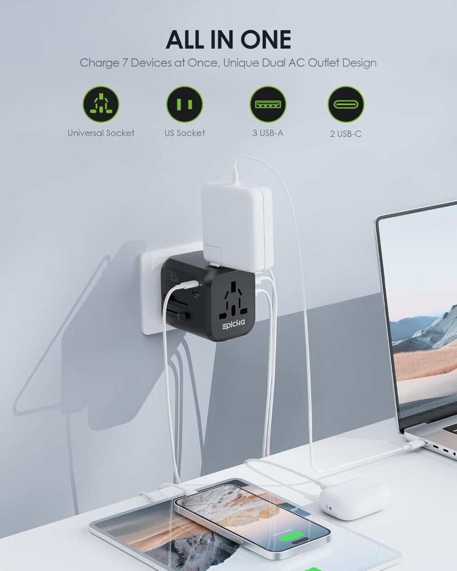 EPICKA 35W Universal Travel Adapter with 2 AC Outlet, European Travel Plug Adapter with PD Fast Charging, 6-Port (2 AC/2 USB-C/3 USB-A) International Power Adapter - Travel Essentials (TA-205, Black) - Image 2