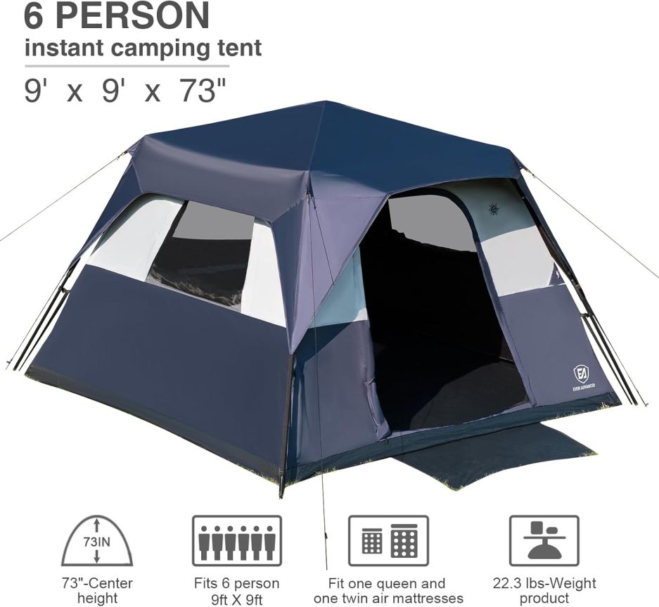 EVER ADVANCED 6 Person Blackout Camping Tent Instant Cabin Tents for Family with Rainfly, 60s Easy Setup, Water-Resistant - Image 6