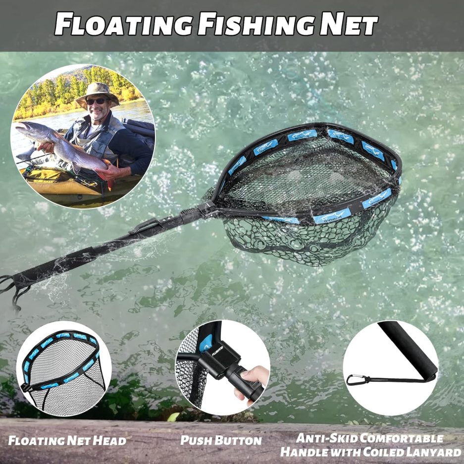 PLUSINNO Floating Fishing Net for Steelhead, Salmon, Fly, Kayak, Bass, Trout Fishing, Catfish, Rubber Coated Landing Net for Easy Catch & Release for Easy Transportation & Storage - Image 2