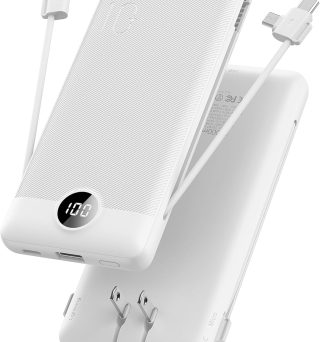 VRURC Portable Charger,Power Bank Built-in Cables and AC Wall Plug, USB C Portable Bank 10000mAh, Travel Essentials Phone Charger Compact External Battery Pack for Smart Phones, Tablets etc-White