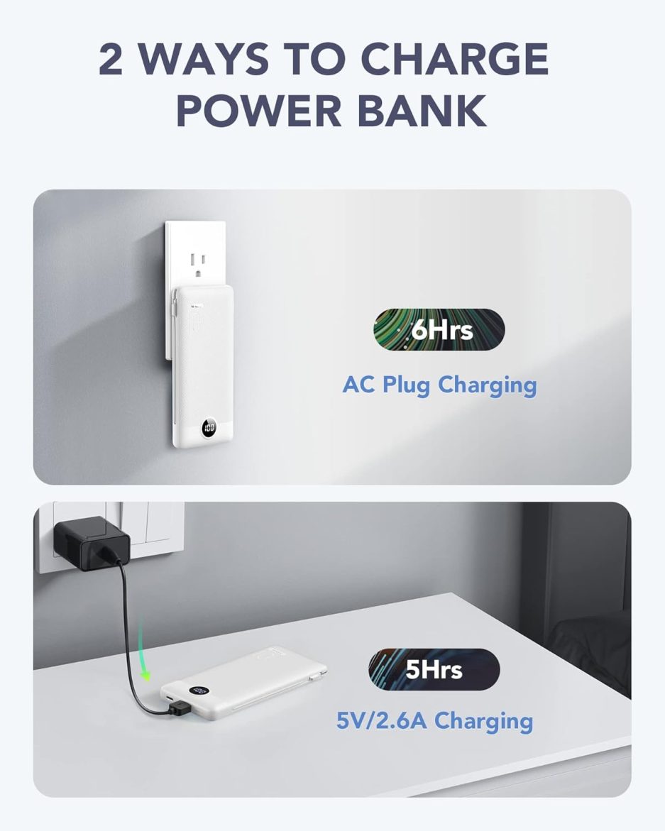 VRURC Portable Charger,Power Bank Built-in Cables and AC Wall Plug, USB C Portable Bank 10000mAh, Travel Essentials Phone Charger Compact External Battery Pack for Smart Phones, Tablets etc-White - Image 5
